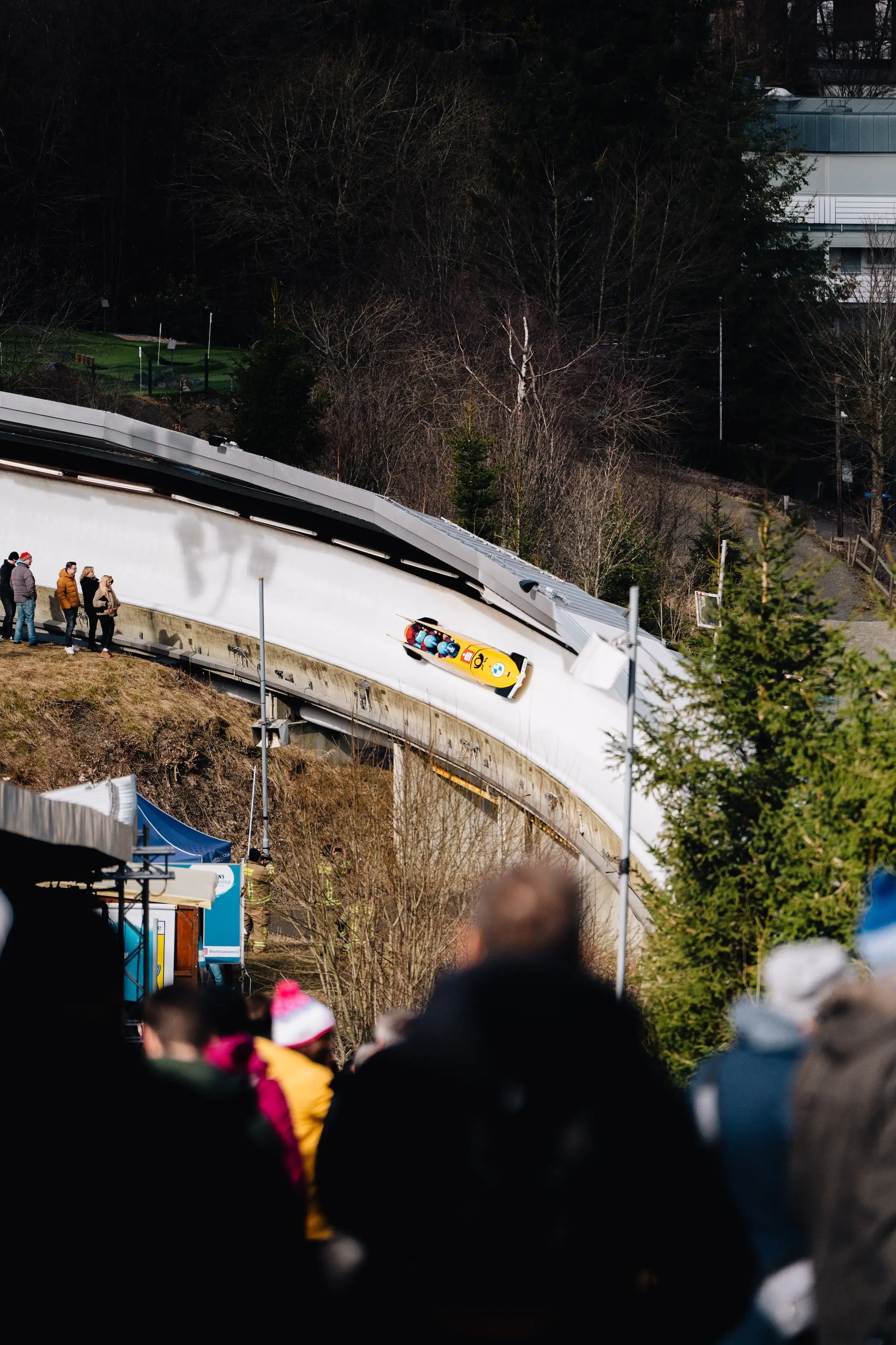 A bobsled at speed on the Winterberg ice track