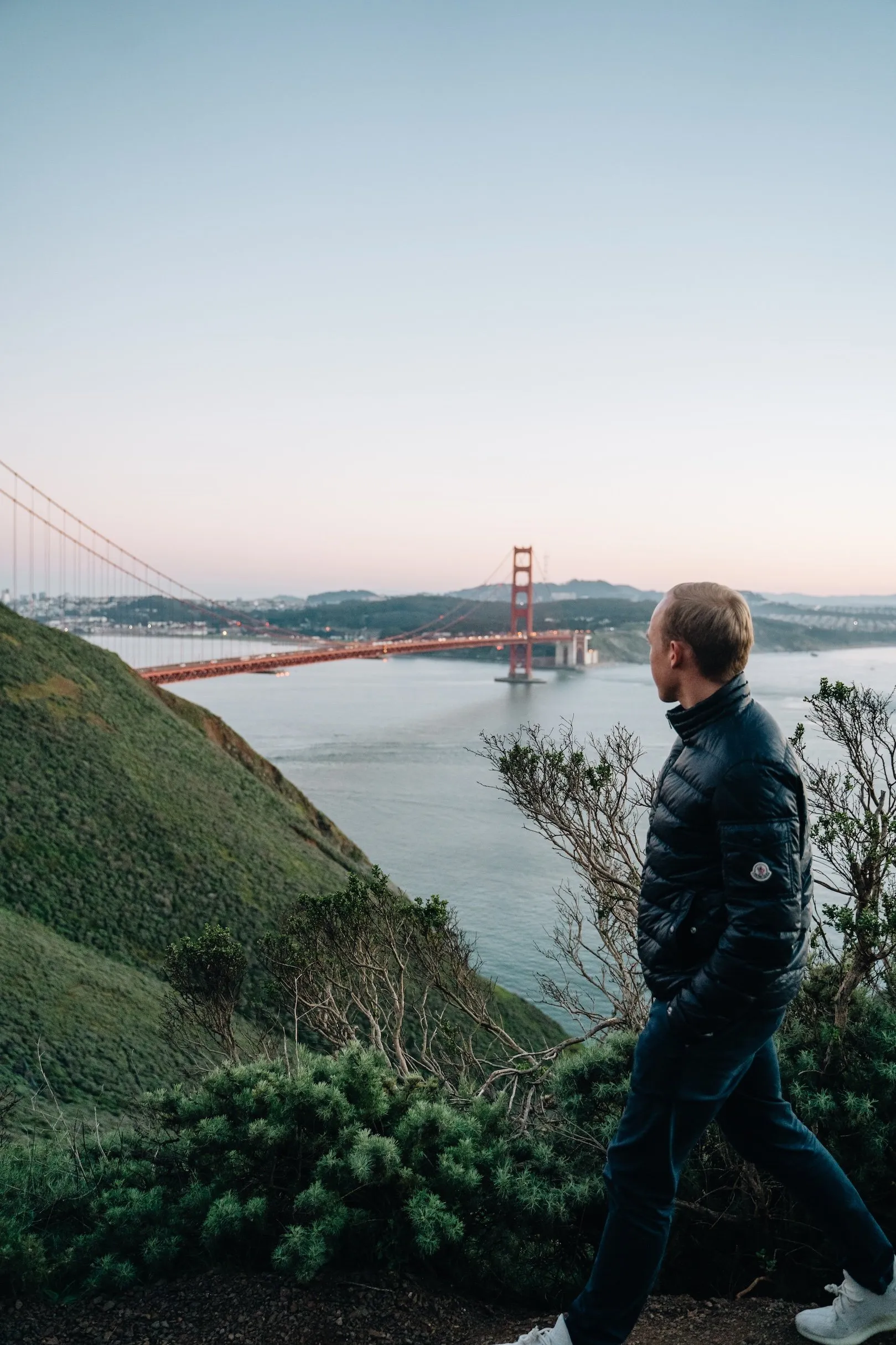 Maxi walking on the Marin Headlands above the Golden Gate Bridge